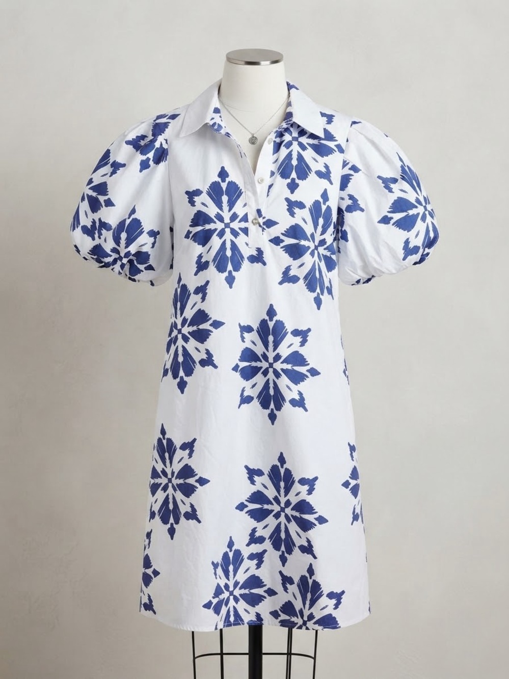 MSK White Midi Dress with Bold Blue Floral Print and Puff Sleeves